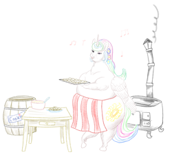 Size: 1200x1094 | Tagged: safe, artist:soobel, princess celestia, alicorn, pony, g4, apron, baking, baking sheet, barrel, bipedal, cake, cakelestia, chubbylestia, clothes, fat, female, flower, flower in hair, food, mare, music notes, obese, simple background, solo, stove, table, traditional art, white background