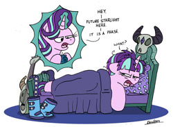 Size: 1024x751 | Tagged: safe, artist:bobthedalek, starlight glimmer, pony, unicorn, g4, atg 2022, bed, belt, boots, chocolate, dialogue, drink, edgelight glimmer, empathy cocoa, female, food, guitar, hot chocolate, it's a phase, mare, mug, musical instrument, newbie artist training grounds, pillow, s5 starlight, self paradox, self ponidox, shoes, simple background, skull, starlight's room, teenage glimmer, time travel, white background, younger