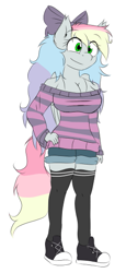 Size: 255x553 | Tagged: safe, artist:blazyplazy, oc, oc only, oc:blazey sketch, pegasus, anthro, plantigrade anthro, anthro oc, big breasts, bow, breasts, cleavage, clothes, female, hair bow, mare, multicolored hair, off shoulder, off shoulder sweater, shoes, shorts, simple background, small wings, smiling, socks, solo, sweater, thigh highs, white background, wings