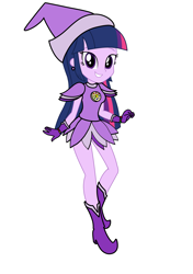 Size: 3035x4299 | Tagged: safe, artist:rollyagami02, twilight sparkle, human, equestria girls, g4, boots, clothes, clothes swap, cosplay, costume, ear piercing, earring, gloves, hat, high heel boots, high heels, jewelry, ojamajo doremi, onpu segawa, piercing, purple dress, shoes, simple background, solo, white background, witch, witch apprentice, witch costume, witch hat