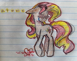Size: 3542x2810 | Tagged: safe, artist:wonderwaifu, sunset shimmer, pony, unicorn, g4, ballpoint pen, crying, female, heart, high res, lined paper, mare, no eyes, photo, sad, signature, solo, sunsad shimmer, traditional art