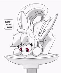 Size: 2939x3520 | Tagged: safe, artist:pabbley, rainbow dash, pegasus, pony, g4, :p, behaving like a bird, behaving like a cat, birb, bird bath, cute, dashabetes, drinking, eyebrows, face down ass up, female, folded wings, grayscale, high res, lapping, mare, monochrome, onomatopoeia, partial color, rainbird dash, raised tail, silly, silly pony, simple background, solo, tail, tongue out, white background, wings