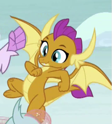 Size: 537x593 | Tagged: safe, screencap, ocellus, silverstream, smolder, changedling, changeling, dragon, hippogriff, g4, school daze, season 8, cropped, cute, dragon wings, dragoness, eyebrows, female, fist, flying, offscreen character, smiling, smolderbetes, solo focus, spread wings, trio, trio female, wings