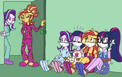 Size: 2731x1737 | Tagged: safe, artist:bugssonicx, part of a set, sci-twi, starlight glimmer, sunset shimmer, twilight sparkle, human, equestria girls, g4, beanie, bondage, bound and gagged, cloth gag, clothes, doppelganger, duality, footed sleeper, footie pajamas, gag, hat, help us, human starlight, human sunset, kidnapped, nightgown, onesie, over the nose gag, pajamas, part of a series, sleepover, slippers, slumber party, socks, starlight glimmer is not amused, tied up, twolight, unamused