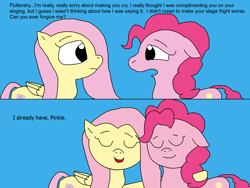 Size: 2000x1500 | Tagged: safe, artist:blazewing, fluttershy, pinkie pie, earth pony, pegasus, pony, filli vanilli, g4, 2 panel comic, atg 2022, blue background, colored background, comic, drawpile, episode followup, eyes closed, female, floppy ears, forgiveness, happy, hug, mare, newbie artist training grounds, nuzzling, sad, simple background, smiling, text, wholesome