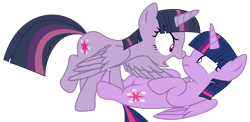Size: 1745x849 | Tagged: safe, artist:klewgcg, artist:twilyisbestpone, mean twilight sparkle, twilight sparkle, alicorn, pony, g4, angry, base used, clone, duality, duo, duo female, evil, female, mare, nose wrinkle, pinned, scared, self paradox, self ponidox, simple background, transparent background, twilight sparkle (alicorn), wide eyes, wings