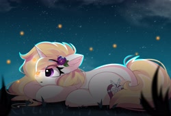 Size: 2767x1869 | Tagged: safe, artist:janelearts, oc, oc only, oc:winthria siriusa, firefly (insect), insect, pony, unicorn, blonde, blonde mane, cloud, commission, dark, dusk, flower, flower in hair, grass, lying down, night, prone, purple eyes, snow, snowflake, solo, stars, tree, white coat, ych result