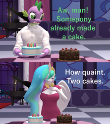 Size: 1920x2160 | Tagged: safe, artist:papadragon69, princess celestia, spike, alicorn, dragon, anthro, g4, 3d, birthday cake, black forest cake, cake, cakelestia, dialogue, duo, female, food, male, mare, meme, ponified meme, portal (valve), source filmmaker, table, that pony sure does love cakes, the cake is a lie