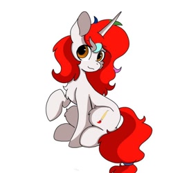 Size: 1080x1080 | Tagged: artist needed, source needed, safe, oc, oc only, oc:shallow light, pony, unicorn, cute, eyebrows, eyebrows visible through hair, female, horn, jewelry, looking at you, mare, ocbetes, ring, simple background, sitting, smiling, smiling at you, solo, tail, tail ring, unicorn oc, white background