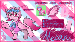 Size: 1280x720 | Tagged: safe, artist:metaruscarlet, oc, oc only, oc:metaru scarlet, pegasus, pony, pony town, clothes, eye clipping through hair, female, looking at you, one wing out, pegasus oc, reference sheet, signature, smiling, smiling at you, solo, wings