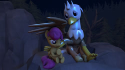 Size: 1024x576 | Tagged: safe, artist:gameact3, scootaloo, oc, oc:silver quill, hippogriff, pegasus, pony, g4, 3d, cute, cutealoo, female, filly, foal, night, ocbetes, scootalove, source filmmaker