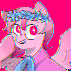 Size: 1280x1280 | Tagged: safe, artist:metaruscarlet, oc, oc only, oc:metaru scarlet, pegasus, pony, chromatic aberration, clothes, eyestrain warning, floral head wreath, flower, open mouth, simple background, smiling, solo