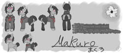 Size: 2500x1080 | Tagged: safe, artist:metaruscarlet, oc, oc only, oc:makuro, earth pony, pony, black hair, clothes, flower, reference sheet, school uniform