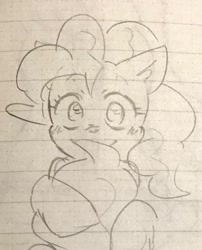 Size: 1021x1266 | Tagged: safe, artist:metaruscarlet, pinkie pie, earth pony, pony, g4, blushing, lined paper, sketch, solo, traditional art