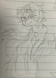 Size: 1080x1504 | Tagged: safe, artist:metaruscarlet, oc, oc only, oc:metaru scarlet, pegasus, pony, lined paper, open mouth, palindrome get, sketch, smiling, solo, traditional art