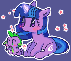 Size: 513x441 | Tagged: safe, artist:cutiesparke, spike, twilight sparkle, twilight twinkle, dragon, pony, g4, alternate cutie mark, baby, baby dragon, baby spike, blushing, crescent moon, cute, dark background, duo, female, filly, filly twilight sparkle, foal, glowing, glowing horn, horn, looking sideways, male, moon, outline, simple background, spikabetes, stars, twiabetes, wingding eyes, younger