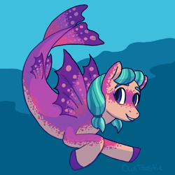 Size: 2000x2000 | Tagged: safe, artist:owltoastie, oc, oc only, merpony, seapony (g4), artfight, digital art, dorsal fin, fin wings, fins, fish tail, high res, ocean, smiling, solo, swimming, tail, underwater, water, wings