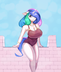 Size: 1080x1274 | Tagged: safe, artist:wyvernthedragon, princess celestia, anthro, balcony, big breasts, breasts, busty princess celestia, cleavage, cute, cutelestia, female, floppy ears, hair over one eye, solo, wingless, wingless anthro