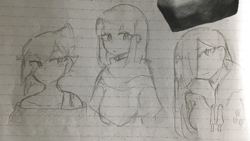 Size: 2815x1585 | Tagged: safe, artist:metaruscarlet, limestone pie, marble pie, maud pie, human, g4, clothes, female, humanized, lined paper, open mouth, sketch, traditional art, trio