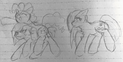 Size: 2112x1070 | Tagged: safe, artist:metaruscarlet, limestone pie, marble pie, pinkie pie, g4, angry, lined paper, open mouth, pinkie pie riding limestone pie, riding, shy, sketch, smiling, traditional art, trio, walking