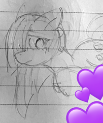 Size: 896x1074 | Tagged: safe, artist:metaruscarlet, marble pie, earth pony, pony, g4, blushing, emoji, female, heart, lined paper, sketch, solo, traditional art