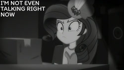Size: 1280x720 | Tagged: safe, edit, edited screencap, editor:quoterific, screencap, rarity, human, equestria girls, equestria girls series, g4, rarity investigates: the case of the bedazzled boot, black and white, detective rarity, female, grayscale, hat, monochrome, pillbox hat, rarity investigates (eqg): trixie, solo, text