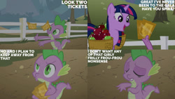 Size: 1280x720 | Tagged: safe, edit, edited screencap, editor:quoterific, screencap, spike, twilight sparkle, dragon, pony, unicorn, g4, season 1, the ticket master, duo, eyes closed, female, grin, male, mare, open mouth, open smile, smiling, text, unicorn twilight