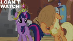 Size: 1280x720 | Tagged: safe, edit, edited screencap, editor:quoterific, screencap, applejack, twilight sparkle, earth pony, pony, unicorn, g4, keep calm and flutter on, season 3, applejack's hat, big crown thingy, covering face, cowboy hat, duo, element of honesty, element of magic, eyes closed, female, floppy ears, fluttershy's cottage, freckles, frown, hat, jewelry, mare, regalia, text, unicorn twilight