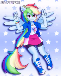 Size: 1280x1600 | Tagged: safe, artist:franticfoe, rainbow dash, human, equestria girls, g4, eyebrows, eyebrows visible through hair, female, peace sign, ponied up, signature, smiling, solo, spread wings, wings