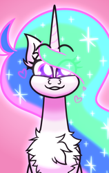 Size: 3420x5400 | Tagged: safe, artist:iceflower99, princess celestia, chest fluff, ear fluff, eye clipping through hair, happy, heart, missing accessory, purple eyes, simple background, smiling, video at source, video in description