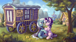 Size: 2560x1410 | Tagged: safe, artist:jewellier, starlight glimmer, trixie, pony, unicorn, g4, cape, clothes, commission, cute, duo, fanfic art, female, flower, grass, horn, horns are touching, implied lesbian, implied shipping, implied startrix, looking at each other, looking at someone, mare, outdoors, ponyville, sign, sitting, tree, trixie's cape, trixie's wagon, twilight's castle, wagon