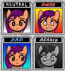 Size: 600x663 | Tagged: safe, artist:t.f.a.n.c.s., sunny starscout, earth pony, pony, g5, angry, emotions, female, namesake, omori, pun, sad, scared, sunny (omori), visual pun
