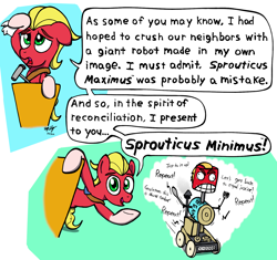Size: 1650x1550 | Tagged: safe, artist:ebbysharp, sprout cloverleaf, earth pony, pony, robot, g5, atg 2022, can, coat markings, command and conquer, dialogue, fork, male, microphone, newbie artist training grounds, open mouth, open smile, smiling, socks (coat markings), speech bubble, spoon, sprouticus maximus, sprouticus minimus, stallion, trademark