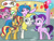 Size: 1800x1350 | Tagged: safe, artist:flutterluv, part of a set, izzy moonbow, pinkie pie, starlight glimmer, sunset shimmer, surprise, earth pony, pegasus, pony, unicorn, g1, g4, g5, :o, :t, atg 2022, bag, balloon, check mark, female, mare, newbie artist training grounds, open mouth, part of a series, pictogram, ponyville, saddle bag, scroll, speech bubble