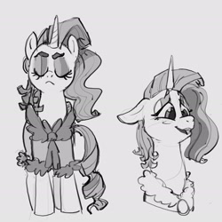 Size: 2067x2067 | Tagged: safe, artist:alumx, rarity, pony, unicorn, g4, bathrobe, bed mane, bust, clothes, eyes closed, eyeshadow, frown, gray background, grayscale, high res, makeup, monochrome, open mouth, open smile, robe, simple background, smiling, solo