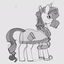 Size: 1816x1816 | Tagged: safe, artist:alumx, rarity, pony, unicorn, g4, bathrobe, bed mane, butt, clothes, female, frown, gray background, grayscale, lidded eyes, mare, monochrome, plot, rearity, robe, simple background, slippers, solo