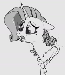 Size: 1429x1663 | Tagged: safe, artist:alumx, rarity, pony, unicorn, g4, bathrobe, bed mane, bust, clothes, floppy ears, frown, gray background, grayscale, lidded eyes, monochrome, open mouth, robe, simple background, solo