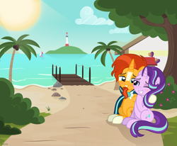 Size: 8000x6590 | Tagged: safe, artist:n0kkun, starlight glimmer, sunburst, pony, unicorn, absurd resolution, beach, blushing, boat, bush, cloud, coconut, cute, day, female, floating heart, flower, food, heart, hoof on shoulder, hug, lighthouse, looking at each other, looking at someone, male, mare, one eye closed, outdoors, palm tree, pier, raised hoof, rock, sailboat, sand, ship, shipping, sitting, sky, smiling, smiling at each other, stallion, starburst, straight, sun, tree, vector, wink