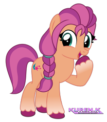 Size: 1900x2157 | Tagged: safe, artist:kuren247, sunny starscout, earth pony, pony, g4, g5, my little pony: a new generation, braid, cute, female, full body, g5 to g4, generation leap, high res, hooves, looking at you, mare, open mouth, open smile, raised hoof, show accurate, signature, simple background, smiling, smiling at you, solo, standing, transparent background, unshorn fetlocks, vector