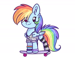 Size: 2348x1838 | Tagged: safe, artist:lbrcloud, rainbow dash, pegasus, pony, g4, bracelet, clothes, jewelry, pansexual pride flag, pride, pride flag, shirt, simple background, skateboard, socks, solo, striped socks, t-shirt, white background