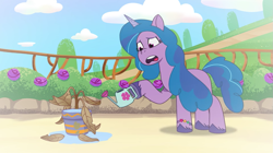 Size: 1303x732 | Tagged: safe, screencap, izzy moonbow, pony, unicorn, g5, my little pony: tell your tale, one trick pony (episode), spoiler:g5, spoiler:my little pony: tell your tale, spoiler:tyts01e20, bracelet, community garden, dead plant, female, flashback, friendship bracelet, hoof hold, jewelry, mare, plant, sad, solo, watering can, wilting