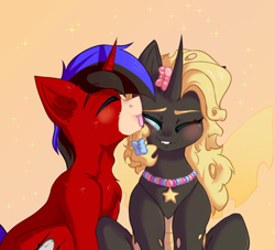 Size: 1100x1000 | Tagged: safe, artist:thieftea, oc, oc only, oc:cj, oc:decora, changeling, pony, unicorn, blue eyes, blushing, bow, commission, duo, eyes closed, face licking, female, hair bow, happy, horn, licking, male, oc x oc, shipping, simple background, sitting, smiling, sparkles, spread wings, straight, tongue out, two toned mane, wings, ych result, yellow changeling