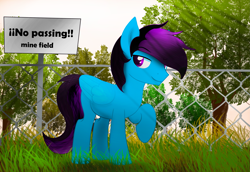 Size: 2551x1760 | Tagged: safe, artist:fededash, oc, oc only, oc:bizku, pegasus, pony, crepuscular rays, fence, glass, male, pegasus oc, solo, stallion, text, tree