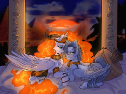 Size: 2732x2048 | Tagged: artist needed, source needed, safe, daybreaker, nightmare star, princess celestia, oc, oc:light knight, alicorn, pegasus, pony, g4, ancient egypt, bed, bedroom, clothes, crown, desert, egypt, egyptian, fire, high res, jewelry, knight, lightbreaker, lightestia, loincloth, looking at you, love, pyramid, regalia, sleepy, sun, sunset, tired, underwear
