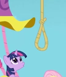 Size: 956x1112 | Tagged: safe, edit, edited screencap, screencap, fluttershy, twilight sparkle, pony, unicorn, g4, the return of harmony, cropped, gallows, meme, noose, out of context, rope, unicorn twilight