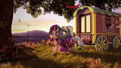 Size: 3840x2160 | Tagged: safe, artist:laylahorizonsfm, starlight glimmer, trixie, bird, butterfly, pony, unicorn, g4, road to friendship, 3d, 4k, alternate hairstyle, babysitter trixie, choker, clothes, cute, duo, female, fence, flower, grass, high res, hoodie, lesbian, looking at each other, looking at someone, mare, mountain, outdoors, playing card, ship:startrix, shipping, smiling, smiling at each other, source filmmaker, tree, trixie's wagon, wagon, walking, wooden fence