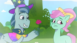 Size: 3410x1920 | Tagged: safe, screencap, minty skylark, rufus, earth pony, pony, g5, my little pony: tell your tale, one trick pony (episode), spoiler:g5, spoiler:my little pony: tell your tale, bow, duo, duo male and female, female, flashback, flower, frown, grin, hair bow, hat, high res, male, mare, rose, shipping fuel, smiling, stallion, top hat