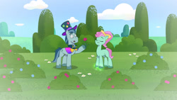 Size: 3410x1920 | Tagged: safe, screencap, minty skylark, rufus, earth pony, pony, g5, my little pony: tell your tale, one trick pony (episode), spoiler:g5, spoiler:my little pony: tell your tale, spoiler:tyts01e20, bow, duo, duo male and female, earth pony magic, eyes closed, female, flashback, flower, frown, hair bow, hat, high res, magic, male, mare, open mouth, pinpoint eyes, rose, shipping fuel, stallion, surprised, top hat