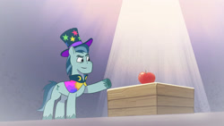 Size: 3410x1920 | Tagged: safe, screencap, rufus, earth pony, pony, g5, my little pony: tell your tale, one trick pony (episode), spoiler:g5, spoiler:my little pony: tell your tale, spoiler:tyts01e20, flashback, food, hat, high res, male, raised eyebrow, smiling, solo, stallion, tomato, top hat