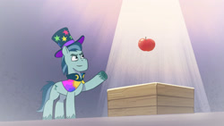 Size: 3410x1920 | Tagged: safe, screencap, rufus, earth pony, pony, g5, my little pony: tell your tale, one trick pony (episode), spoiler:g5, spoiler:my little pony: tell your tale, spoiler:tyts01e20, flashback, floating, food, hat, high res, male, smiling, solo, stallion, tomato, top hat